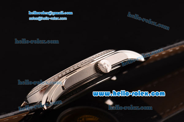 Patek Philippe Calatrava Swiss ETA 2824 Automatic Steel Case Diamond Bezel with Black Leather Strap White Dial Stick Markers - Click Image to Close